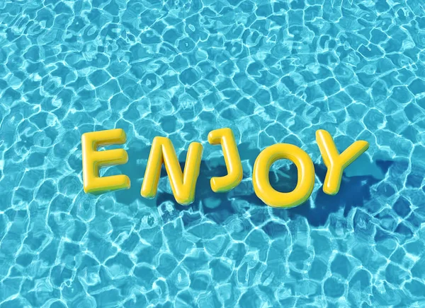 Clear blue swimming pool with enjoy word floating on the water — Stock Photo, Image