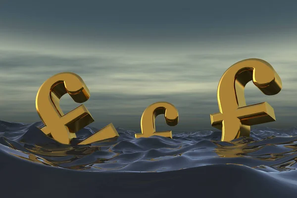 Libra esterlina británica símbolo en el mar. Ahogamiento en deuda financiera — Foto de Stock