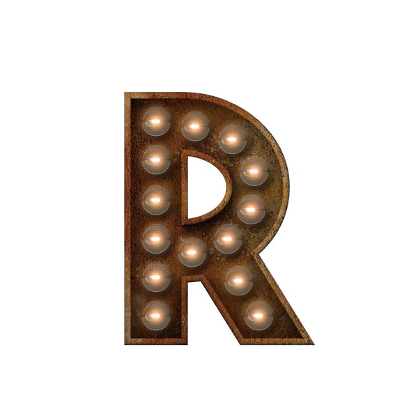 Rusted metal letter R light bulb fonte. Renderização 3D — Fotografia de Stock