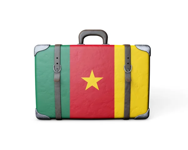 Bandera de Camerún en una maleta de cuero vintage. Renderizado 3D — Foto de Stock