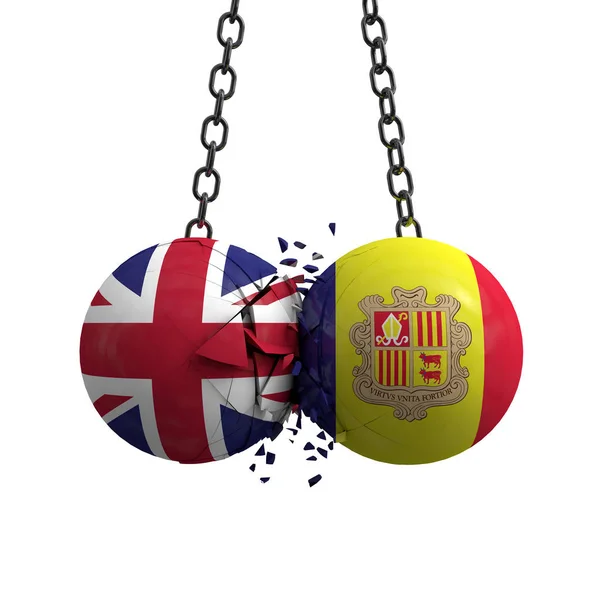 United Kingdom and Andorra flag political balls smash into each — Stock Photo, Image