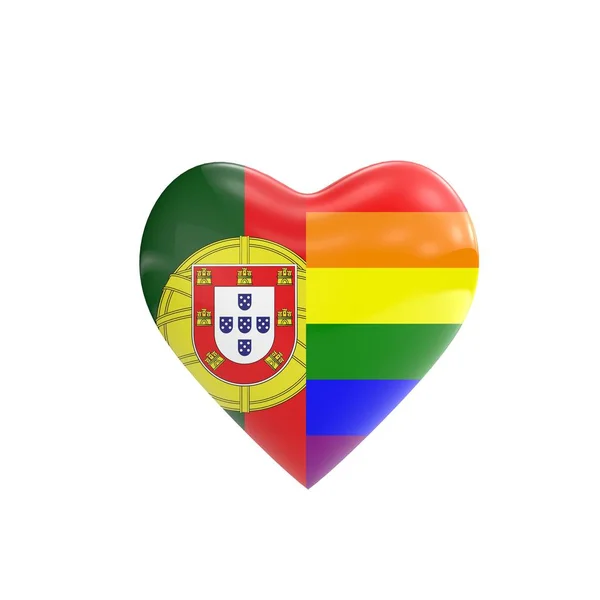 Portugal flagga och gay Lgbt regnbåge flagga hjärtform. Homosexuella rättigheter — Stockfoto