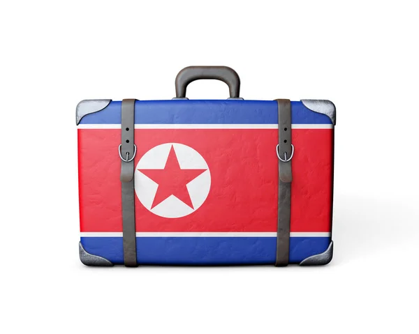 Drapeau nord-coréen sur une valise vintage en cuir. Rendu 3D — Photo
