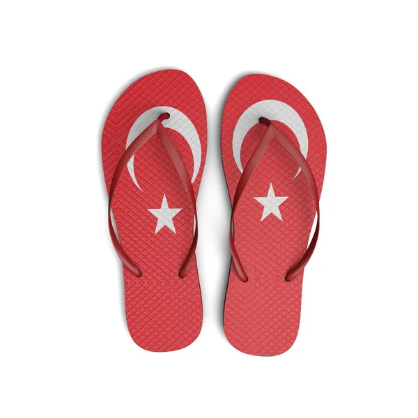 Turkiet flagga flip flopp sandaler på en vit bakgrund. 3d Renderin — Stockfoto