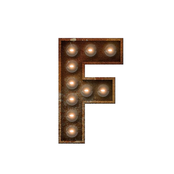 Ржавая металлическая буква F шрифт лампочки. 3D рендеринг — стоковое фото