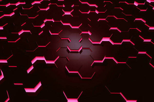Glowing red hexagon pattern background. 3D rendering