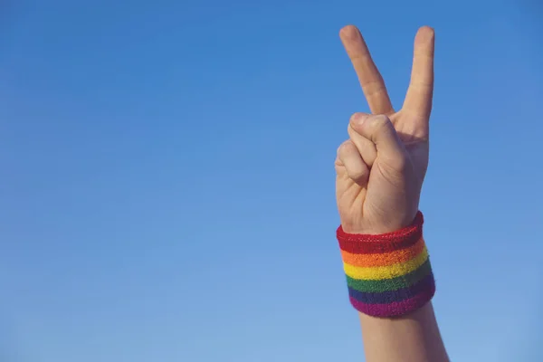 Myšlenka gay hrdosti. Ruka dělá V mírové znamení s homosexuální pýchou Lgb — Stock fotografie