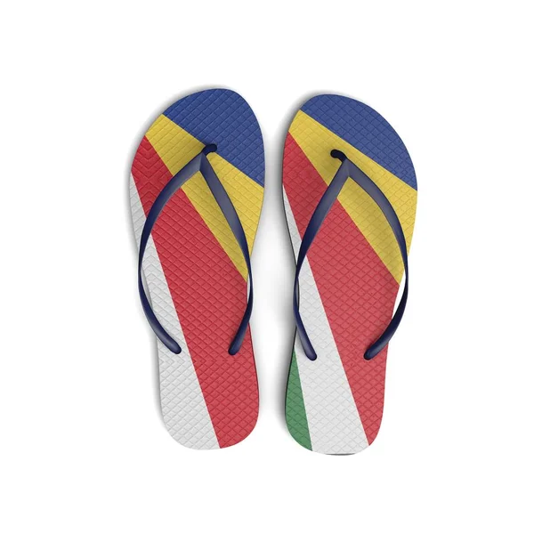 Seychellerna flagga flip flopp sandaler på en vit bakgrund. 3d Ränta — Stockfoto