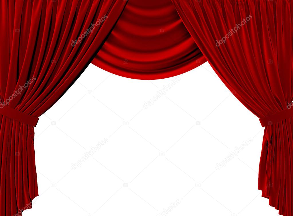 Red fabric theatre curtains on a plain white background. 3D Rendering