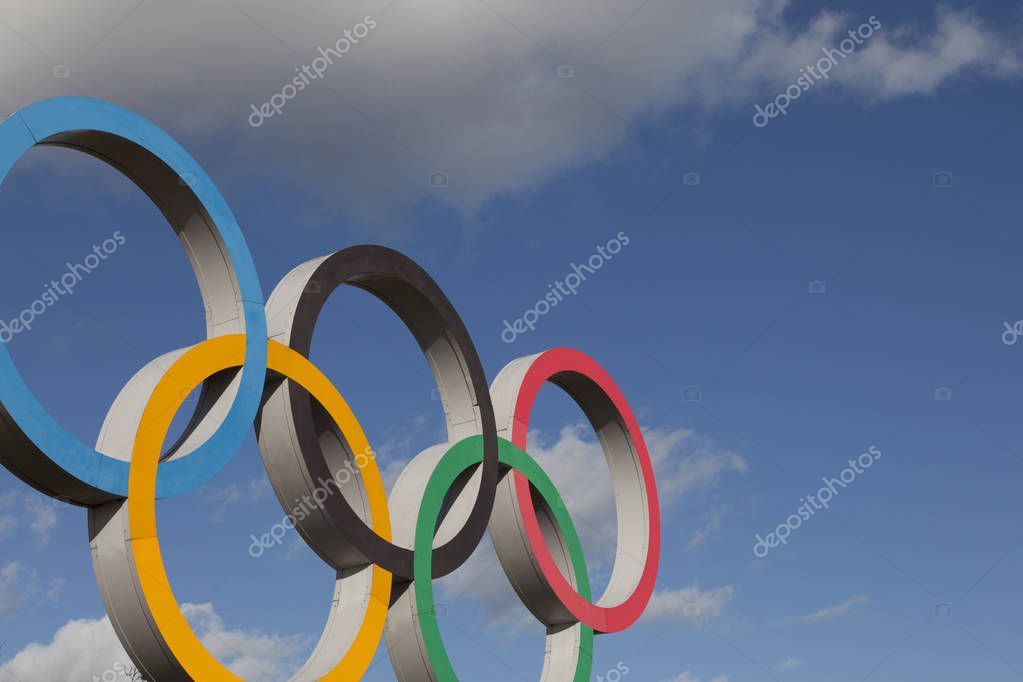 LONDON, UK - February 15th 2018: The Olympic symbol, made up of five interconnected coloured rings, under a blue sky