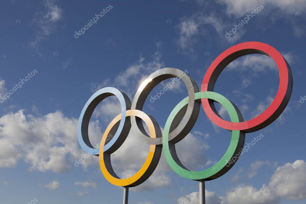LONDON, UK - February 15th 2018: The Olympic symbol, made up of five interconnected coloured rings, under a blue sky