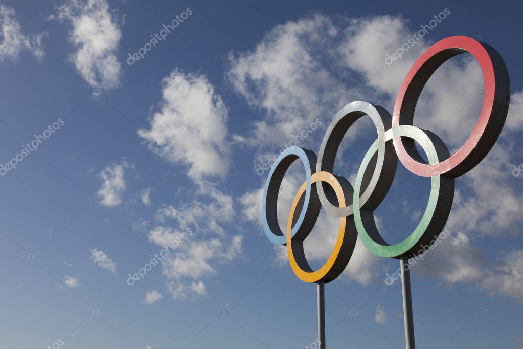 LONDON, UK - February 15th 2018: The Olympic symbol, made up of five interconnected coloured rings, under a blue sky