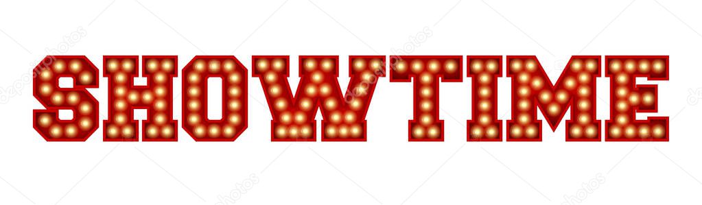 Showtime word made from red vintage lightbulb lettering isolated