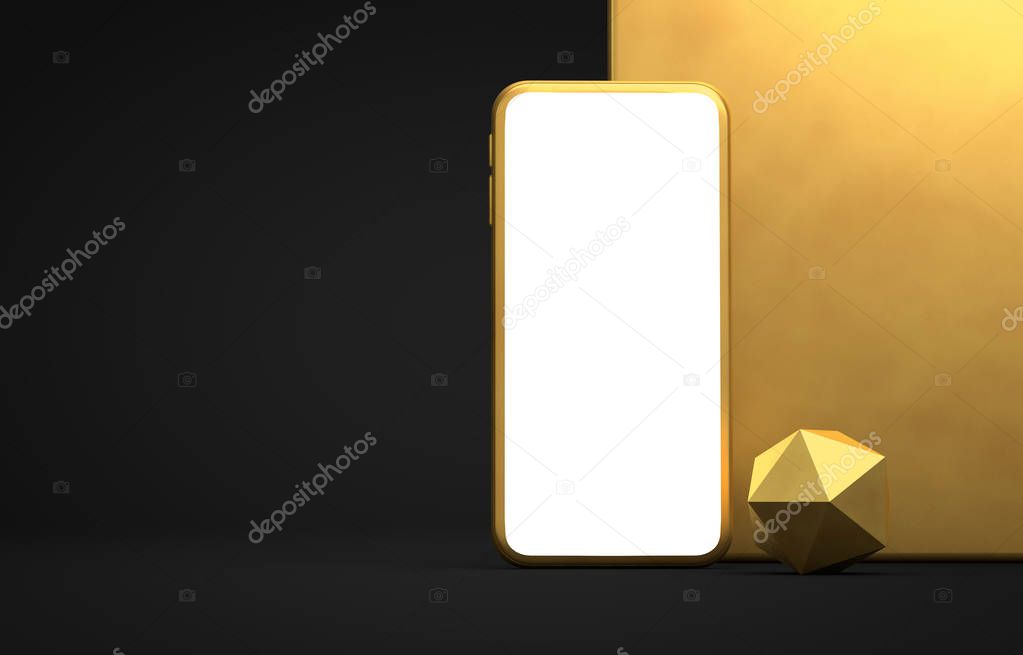Modern frameless golden smartphone. 3D Rendering