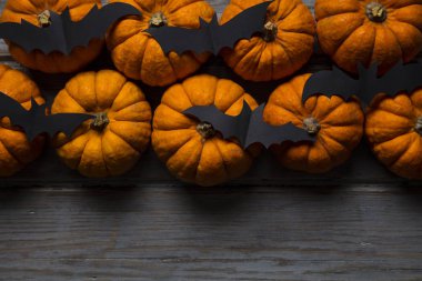 Cadılar Bayramı balkabakları ve tahta arka planda kara vampir yarasalar