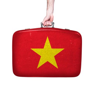 Vintage deri bavul üzerinde Vietnam bayrağı.