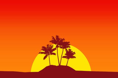 Tropik palmiye ağacı silueti gün batımında gökyüzüne karşı. 3d oluşturma