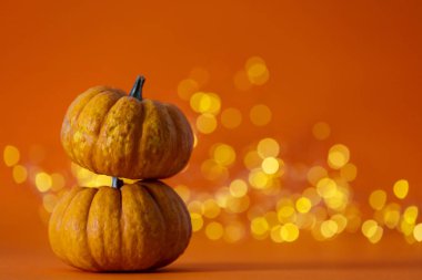 Cadılar Bayramı balkabakları parlak turuncu renkli ışıklara karşı bulanık