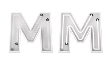 Beyaz neon ışıklı harf M. Açık ve kapalı neon harfler. 3d oluşturma