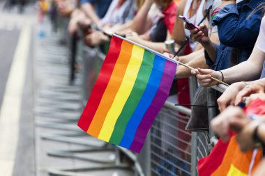 Bir seyirci Lgbt gey yürüyüşünde gey gökkuşağı bayrağı sallıyor 