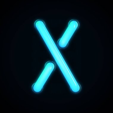 Mavi neon ışıklı X harfi büyük harf. 3d oluşturma