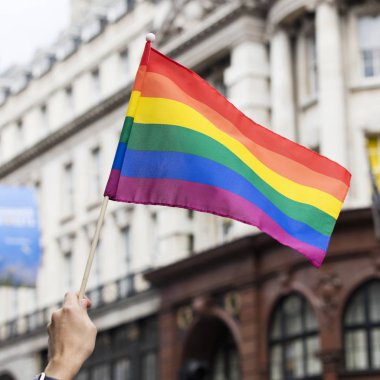 Bir seyirci Lgbt gey yürüyüşünde gey gökkuşağı bayrağı sallıyor 