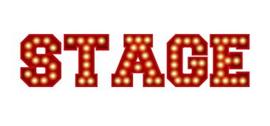 Kırmızı renkli ampulden yapılmış sahne kelimesi izole edilmiş.