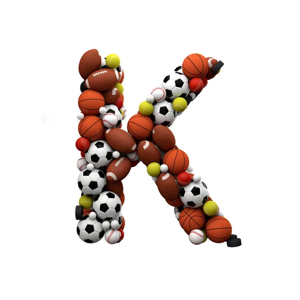 Písmeno K. Písmo vyrobené ze sportovních míčků. 3D vykreslování — Stock fotografie