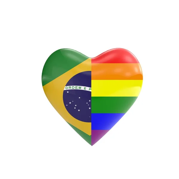 Brasilianische Flagge und schwule Regenbogenfahne in Herzform. Schwulenrechte — Stockfoto