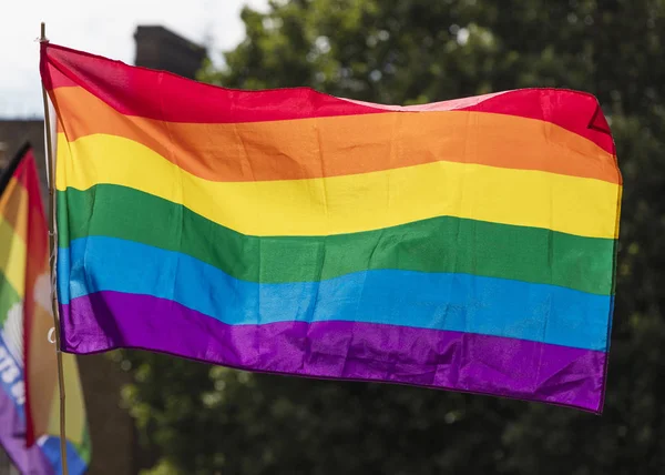 Bandera de arco iris gay ondeada en una marcha de orgullo gay LGBT en Londo — Foto de Stock