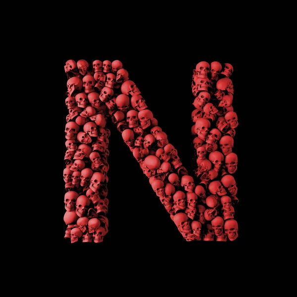 N harfi kırmızı kafatası yazı tipi. Kafataslarından yapılmış. 3d Hazırlama — Stok fotoğraf