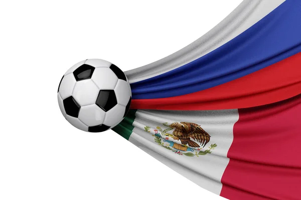 俄罗斯和墨西哥举着足球的旗帜. 3d渲染 — 图库照片