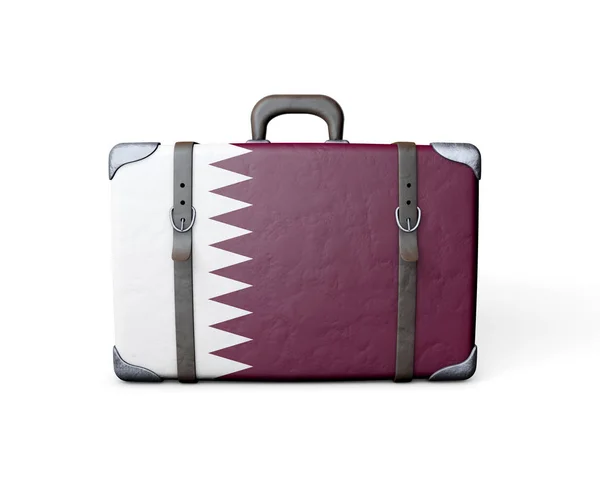 Bandeira do Qatar em uma mala de couro vintage. Renderização 3D — Fotografia de Stock