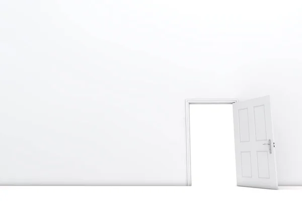 Puerta abierta en una habitación blanca. Renderizado 3D — Foto de Stock