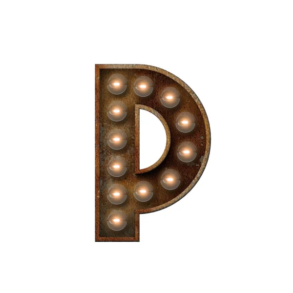 Rusted metal letter P light bulb font. 3D Rendering — Stock Photo, Image