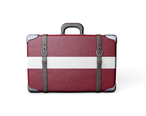 Flaga Łotwy na zabytkowej skórzanej walizce. 3d Renderowanie — Zdjęcie stockowe
