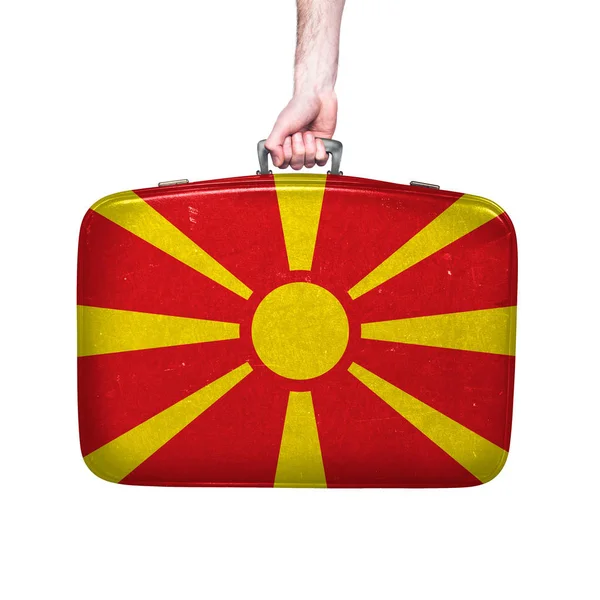 ヴィンテージレザースーツケースのマケドニア国旗 — ストック写真