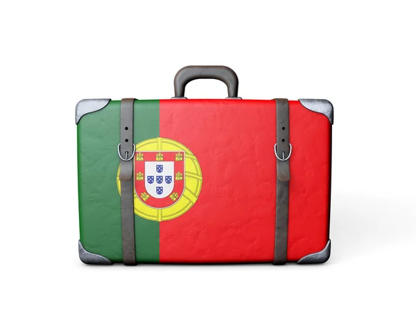 Bandeira de Portugal numa mala de couro vintage. Renderização 3D — Fotografia de Stock