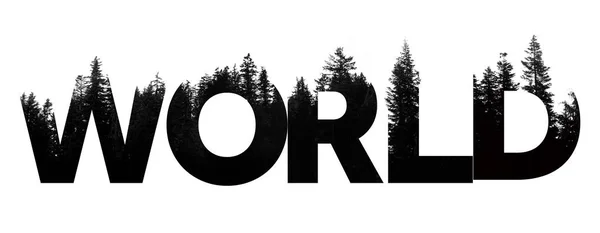 Wereld woord gemaakt van outdoor wildernis boomtop belettering — Stockfoto