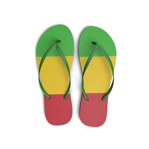 Bandeira do Mali sandálias chinelo em um fundo branco. Renderização 3D — Fotografia de Stock
