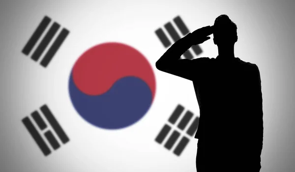 Silueta de un soldado saludando contra la bandera de Corea del Sur — Foto de Stock