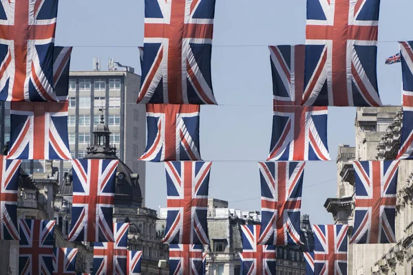 Union Jack flags hang in Central London in preperation for the r