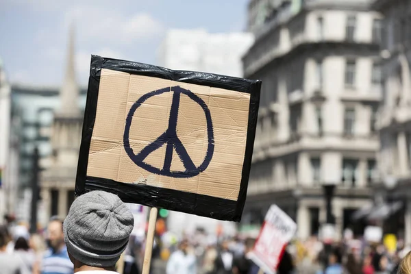 Bir kişi bir protesto bir barış işareti afiş tutar