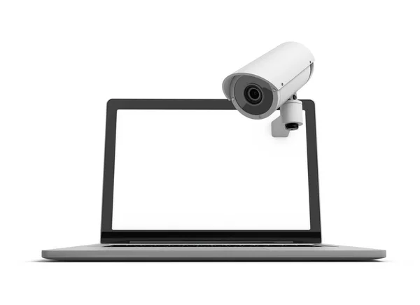 Segurança online. Laptop com câmeras de segurança CCTV. Renderização 3D — Fotografia de Stock