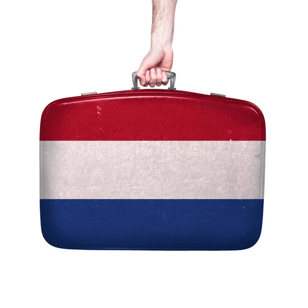 Drapeau Néerlandais Sur Une Valise Cuir Vintage — Photo