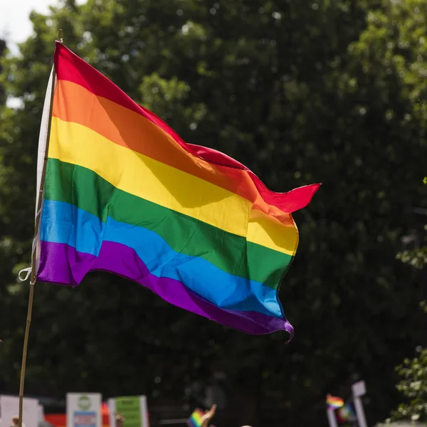 롱도에서 열린 LGBT 게이 프라이드 행진에서 게이 무지개 깃발흔들기 — 스톡 사진