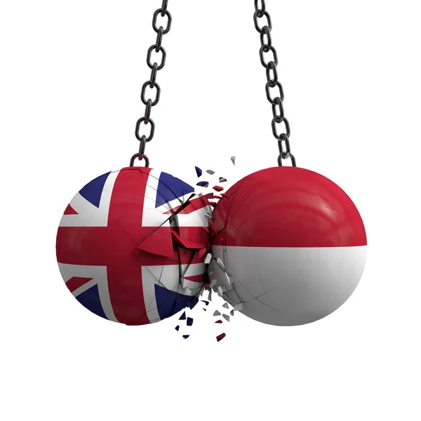United Kingdom and Indonesia flag political balls smash into eac