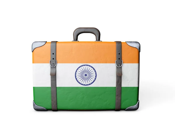 ヴィンテージの革のスーツケースにインドの国旗。3Dレンダリング — ストック写真