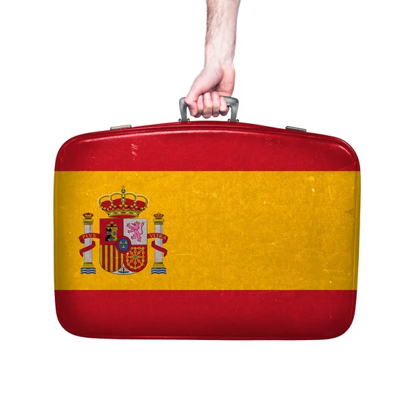 ヴィンテージレザースーツケースにスペインの旗 — ストック写真
