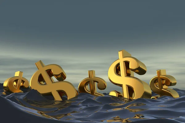 Dollar currency symbol at sea. Drowning in debt financial proble